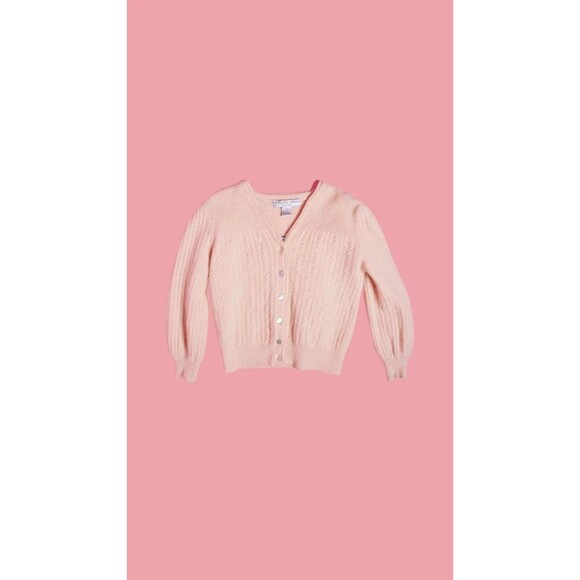 1980-90s Victoria Jones Pink LAMBSWOOL ANGORA Blend CARDIGAN W/Shell Buttons S-M - Picture 1 of 10